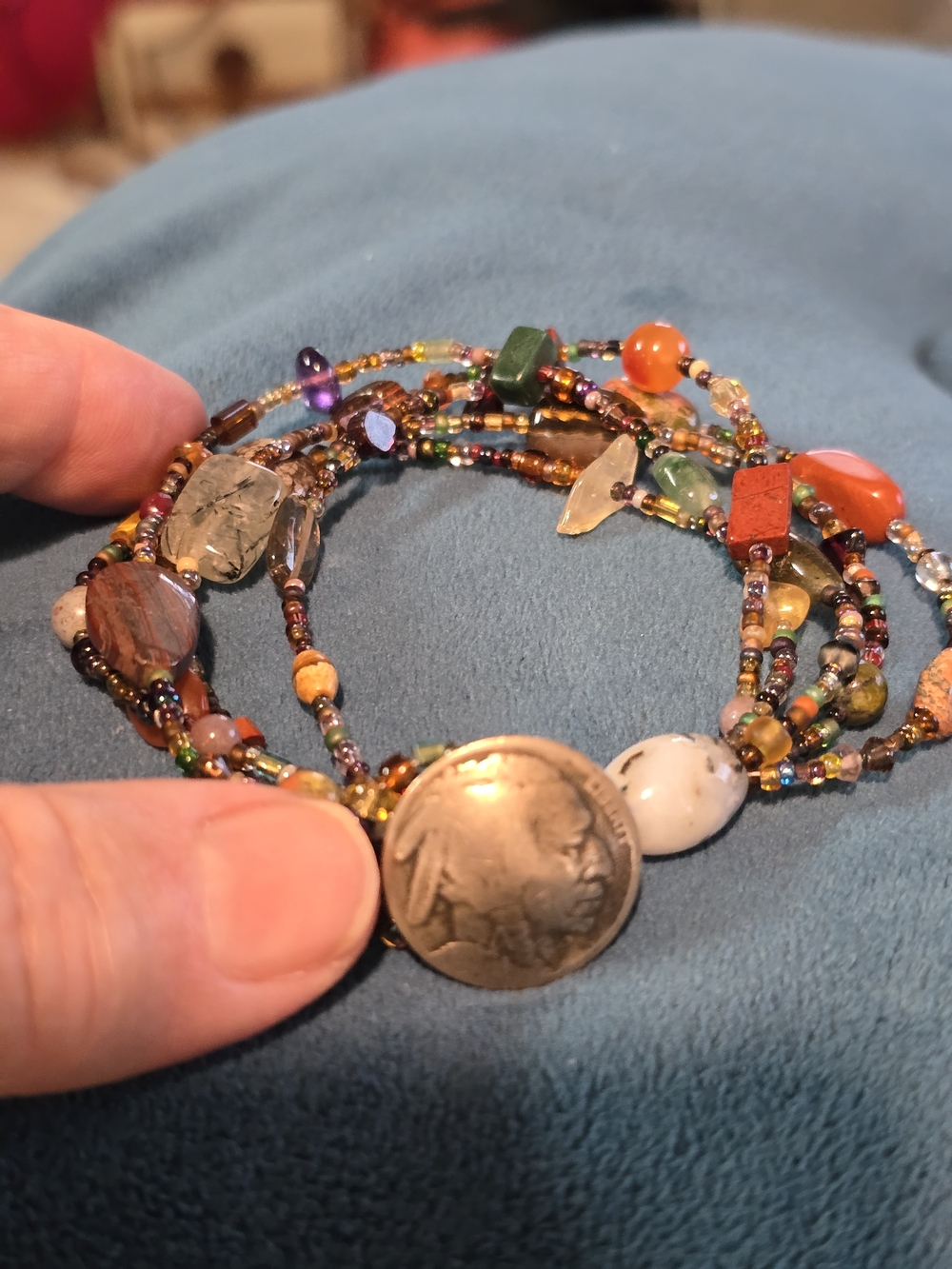 Artisan Multicolor Multi-Gemstone Beaded Wrap Bracelet with Silver Coin Closure
